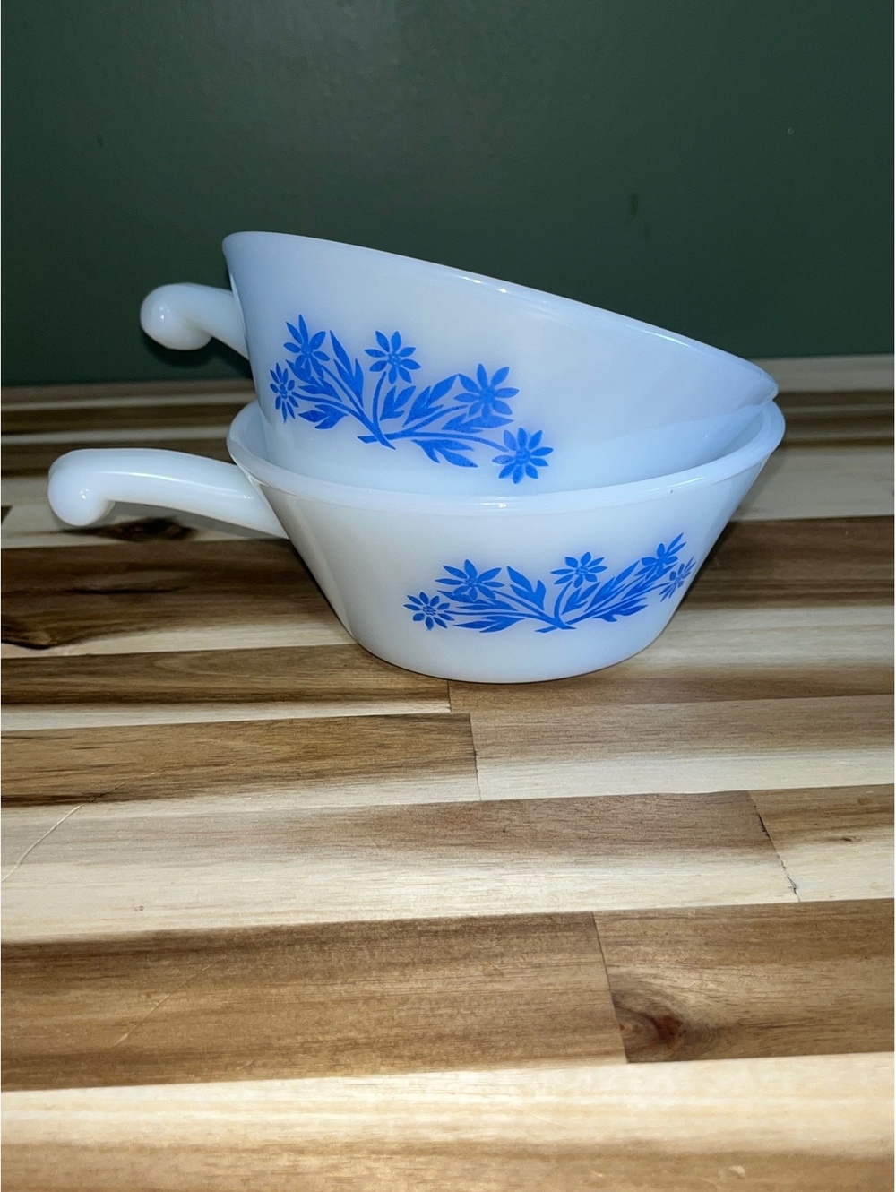 Vintage Milk Glass Blue Floral Pattern Handled Bowls Set of 2
